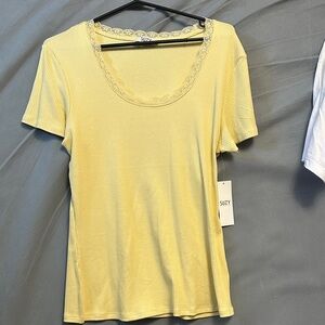 Suzy Shier Yellow Lace Trim Short Sleeve Top
